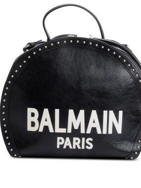 Balmain Black Leather Dome Mini Bag with White Logo and Stud Trim
